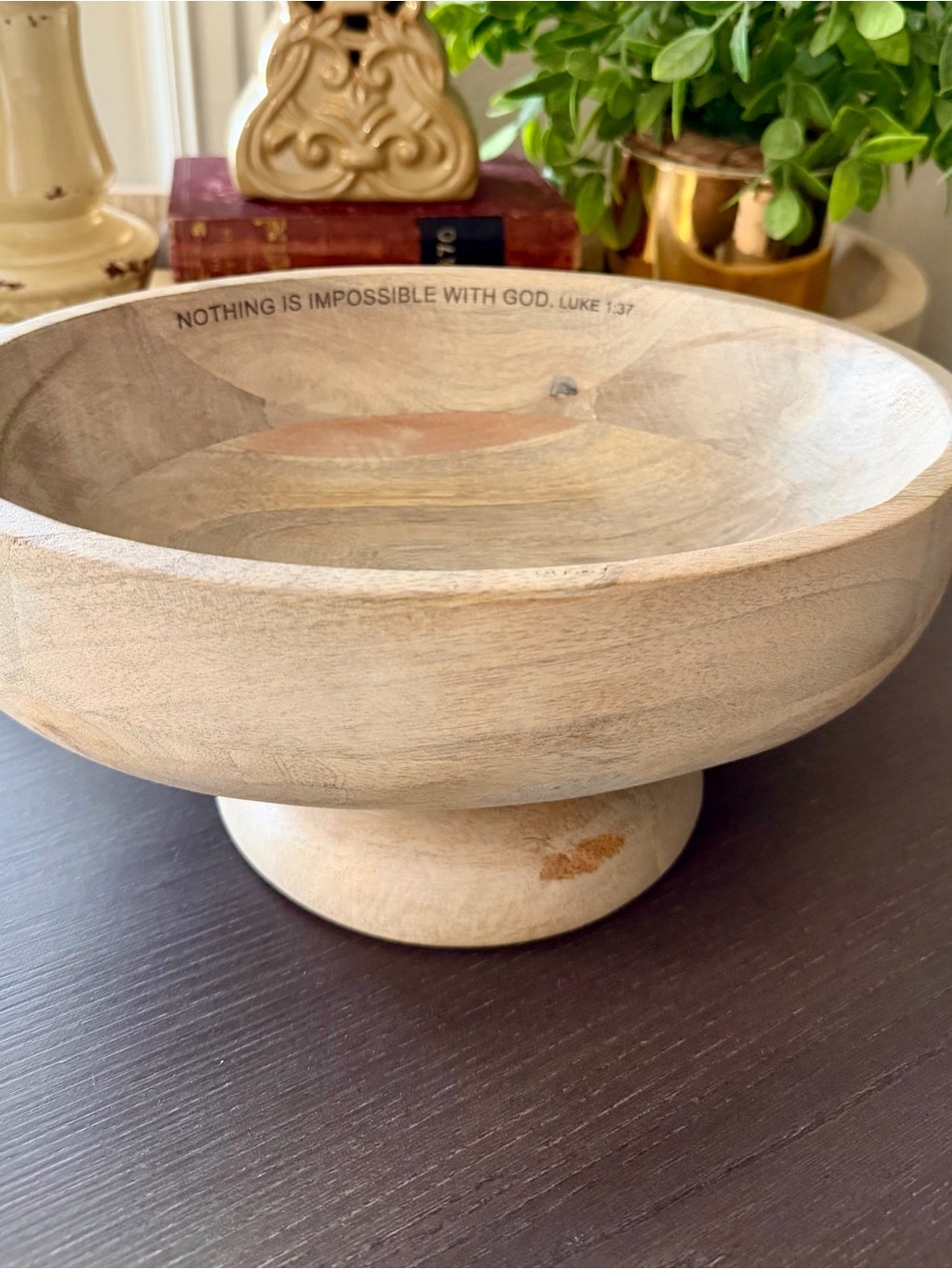Mary & Martha With God Mango Wood Prayer Bowl Luke 1:37 Pedestal Bowl